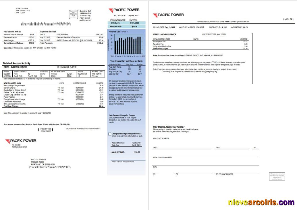 USA Pacific Power utility bill, 2 pages